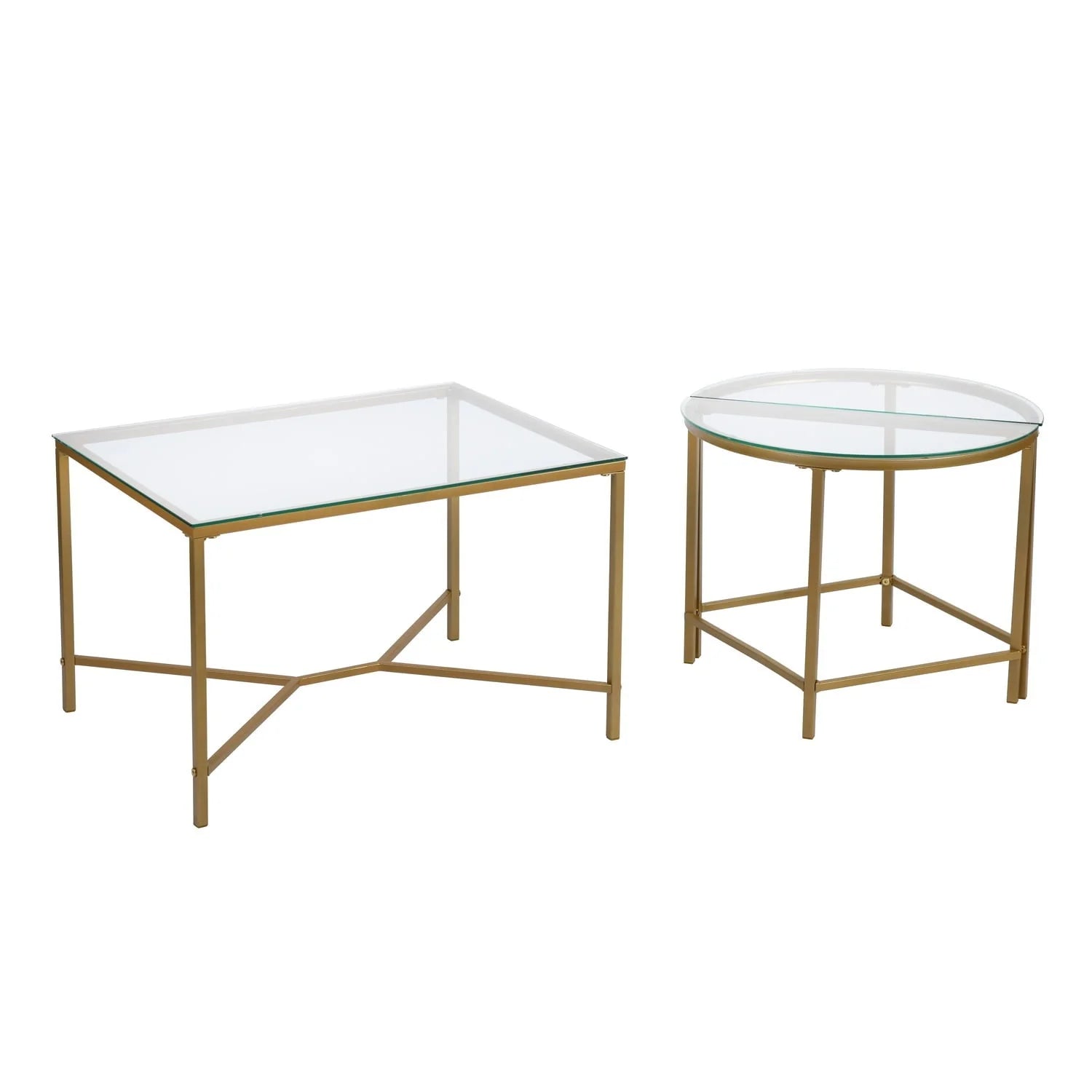 Homy Casa Glass Gold Coffee Table 2-Piece Table Set, Round Glass Nesting Table with Gold Frame for Living Room