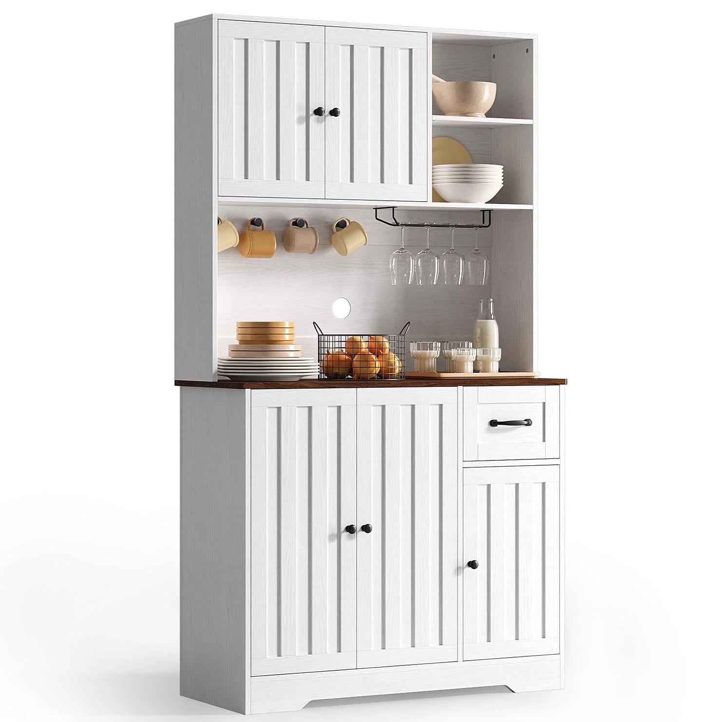 Coffee Bar, 71" Tall Kitchen Pantry Cabinet with Microwave Shelf, 5 Doors, 1 Drawers, 8 shelves, Wine glass rack, 4 Hooks, Cable Management