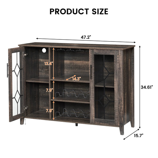 Garvee Farmhouse Wine Bar Cabinet with LED Lights, Coffee Bar Cabinet with Wine and Glasses Rack, Buffet Sideboard with Storage, Liquor Cabinet for Bar, Kitchen, Dining Room, Dark Oak