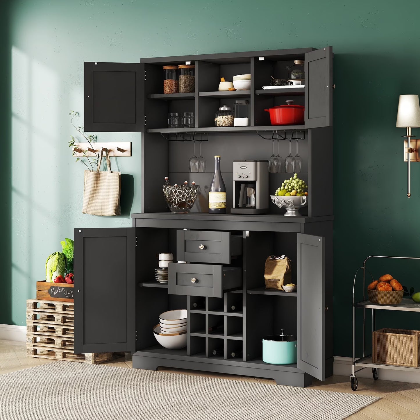 Bellemave 73.8"H Farmhouse Coffee Bar Cabinet with Shelves and Drawers Buffet Cabinet Wine Cabinet with Glass Holder and Wine Rack Tall Kitchen Cabinet for Dining Room, Antique Blue