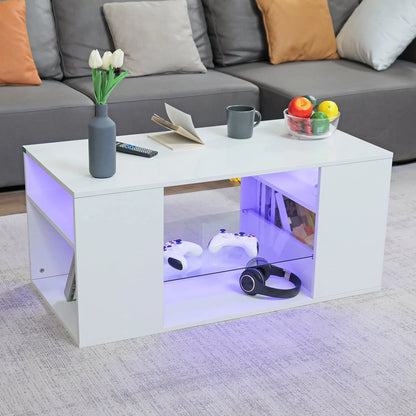 Hommpa LED Coffee Table with Glass Display Shelves for Living Room App and Remote Control LED Lights High Gloss Center Table Sofa Side Tables