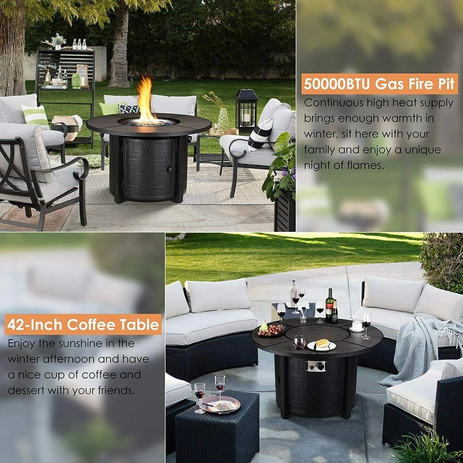 HOMFY 42" Propane Fire Pit Table 50,000 BTU Round Table Stove Patio Fireplace with Blue Glass Rocks and Rain Cover