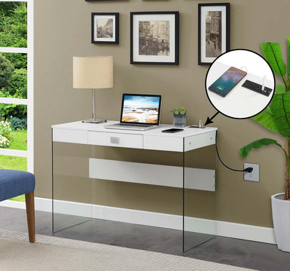 Convenience Concepts SoHo 30′′H 42′′ W Glass Desk with Charging Station. White/Glass. All Ages
