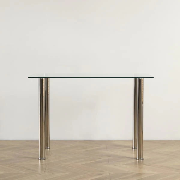 4-seat Simple 日ectangular Cylindrical Leg Table Tempered Glass Stainless Steel Clear Glass 110 * 70 * 75cm