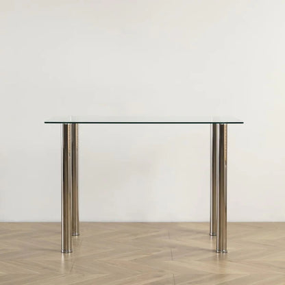 4-seat Simple 日ectangular Cylindrical Leg Table Tempered Glass Stainless Steel Clear Glass 110 * 70 * 75cm