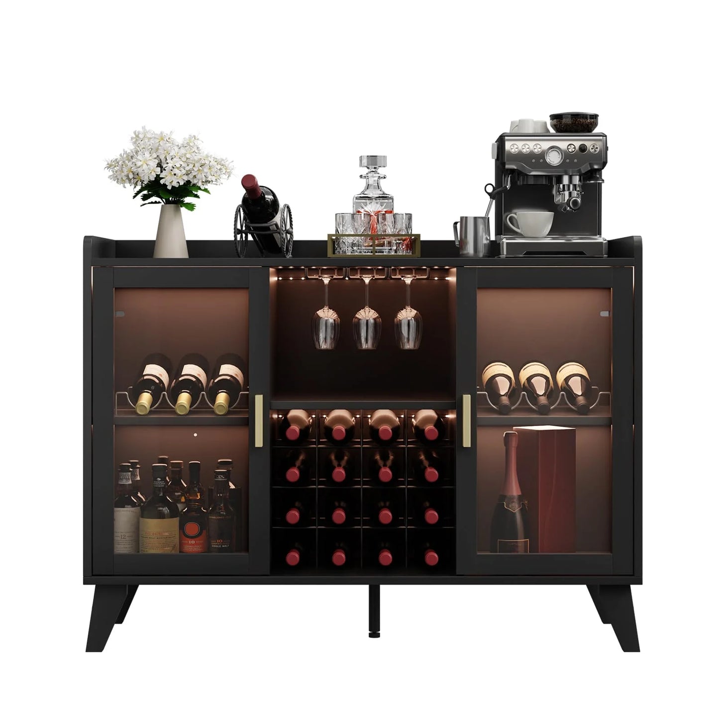 Ataucjin 47" Wine Bar Cabinet With LED Lights,Modern Liquor Cabinet With Wine Racks And Glass Holders,Home Coffee Bar Cabinet,Freestanding Kitchen Buffet Sideboard Storage Shelf For Living Dining Room