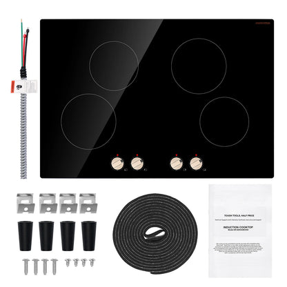 KFFKFF Induction Stove, 6600W 5 Burner Built-in Electric Cooktops, with Knob Control, 12 Heat Settings, Glass Top, Automatic Power Off