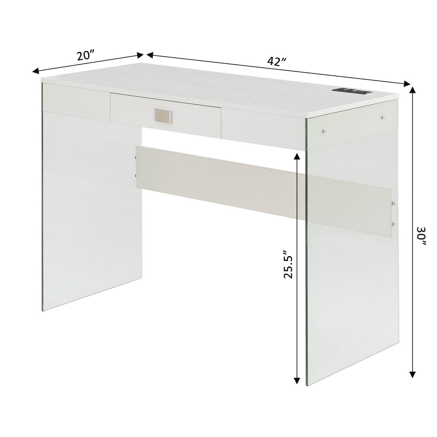 Convenience Concepts SoHo 30′′H 42′′ W Glass Desk with Charging Station. White/Glass. All Ages