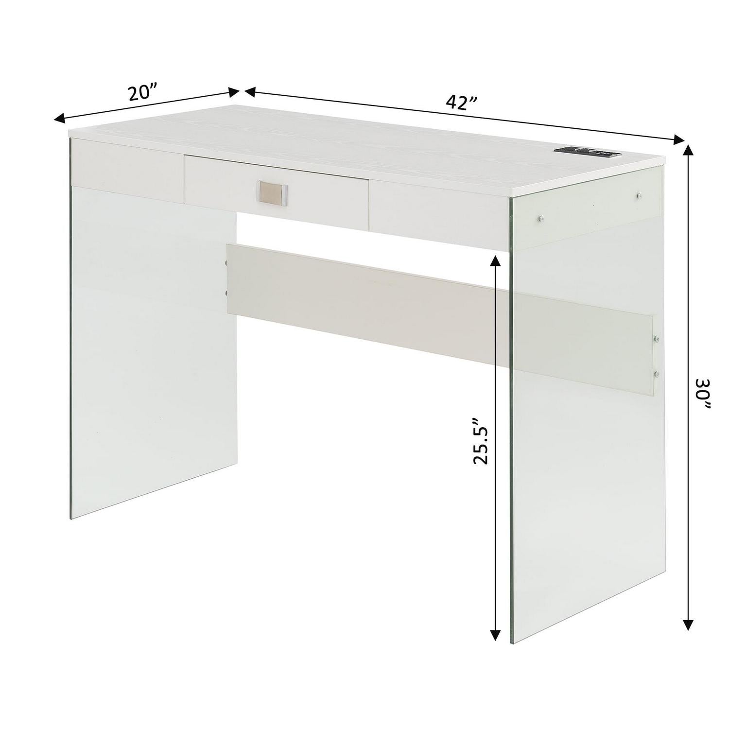 Convenience Concepts SoHo 30′′H 42′′ W Glass Desk with Charging Station. White/Glass. All Ages