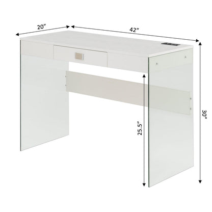 Convenience Concepts SoHo 30′′H 42′′ W Glass Desk with Charging Station. White/Glass. All Ages