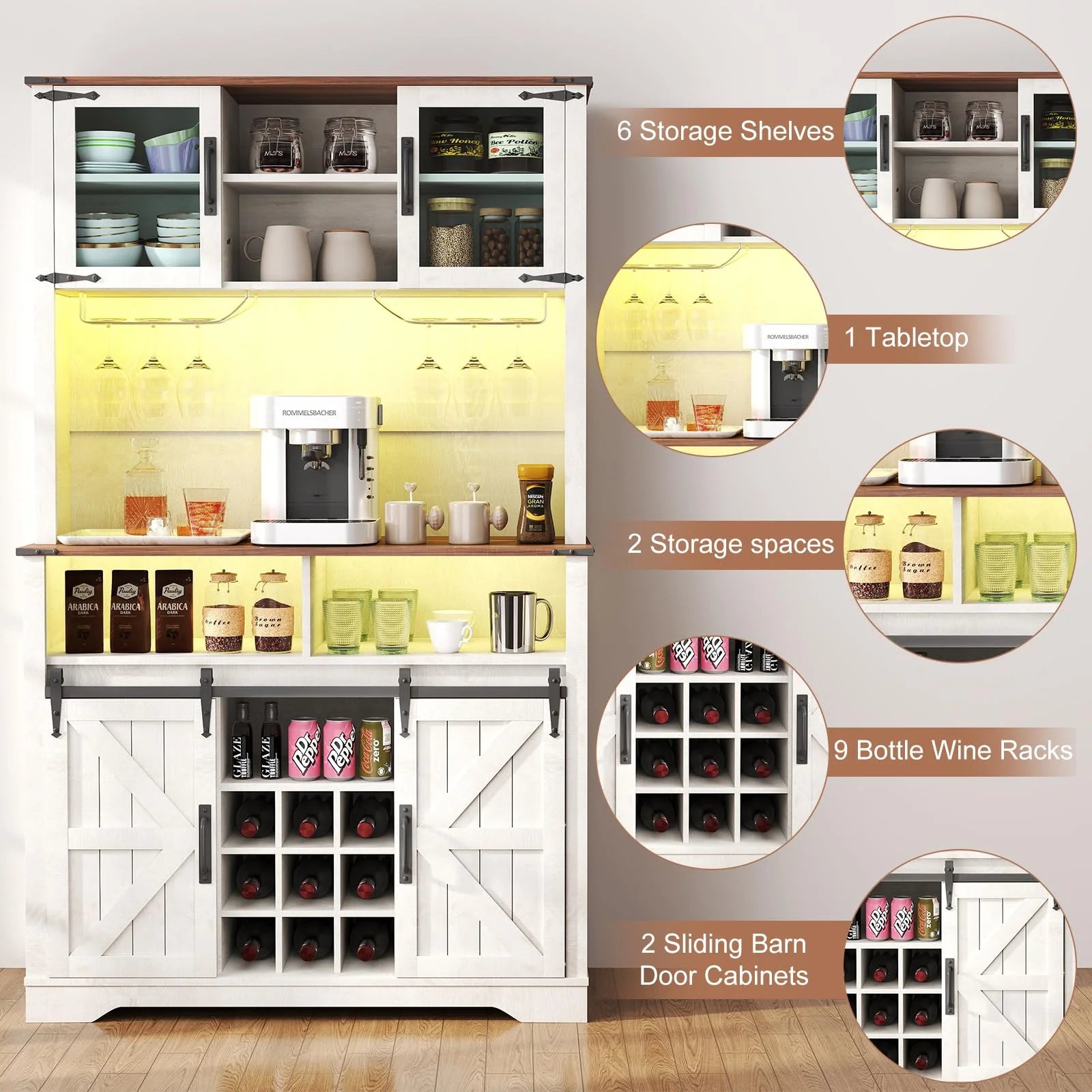 72" Farmhosue Coffee Bar Cabinet with Storage, Tall Kitchen Buffet with Hutch & Wine & Glasses Rack, Sliding Barn Door, Charging Station, RGB Lighting, 12 Storage Shelves, Sideboard Table