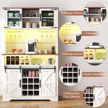 72" Farmhosue Coffee Bar Cabinet with Storage, Tall Kitchen Buffet with Hutch & Wine & Glasses Rack, Sliding Barn Door, Charging Station, RGB Lighting, 12 Storage Shelves, Sideboard Table