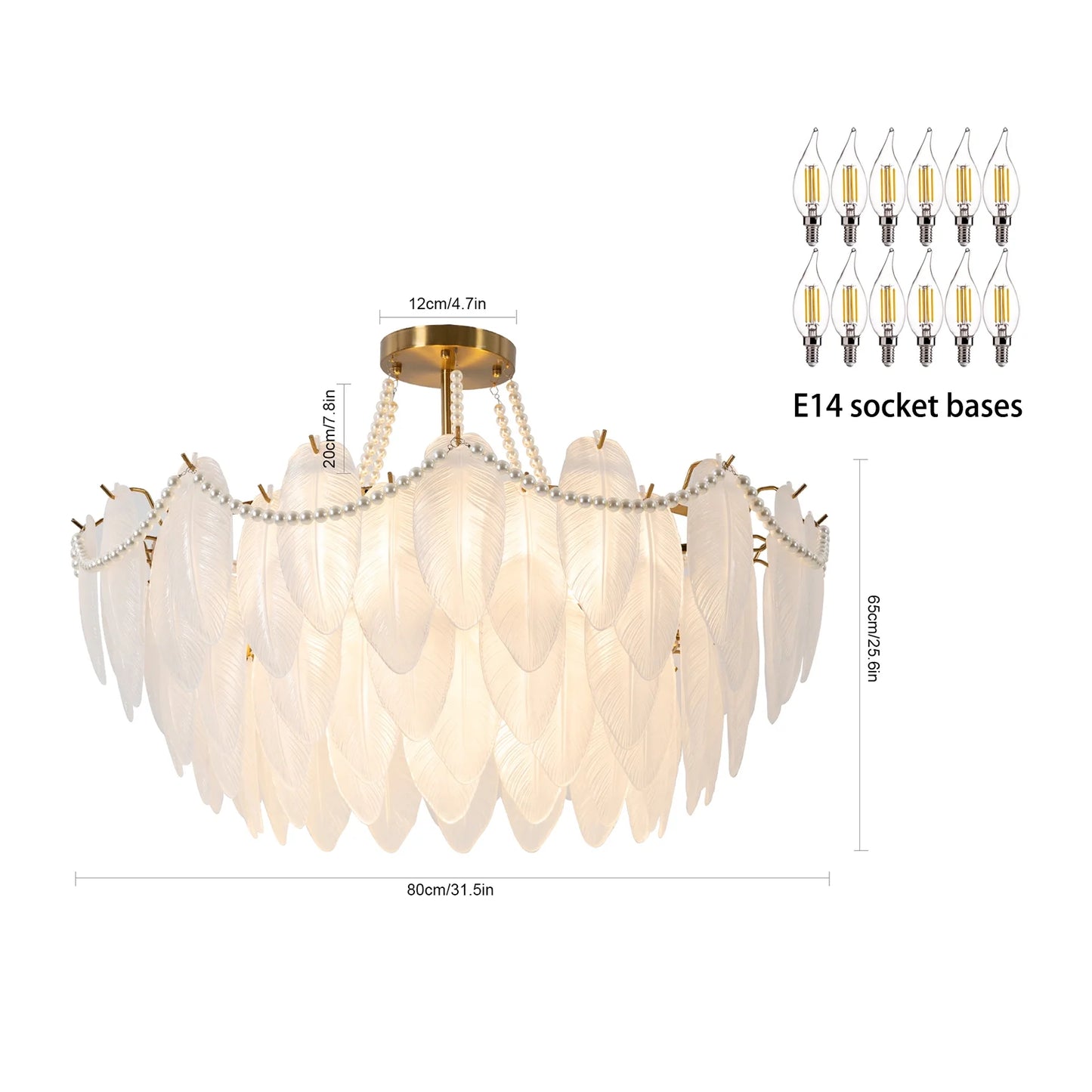 Miumaeov 12-Light Large Glass Chandelier Round Nordic-Feather Pendant Lamp Luxury Hanging Lamp for Living Room Kitchen Island D31.5 X H25.6