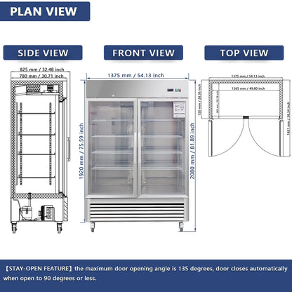 54"W Commercial Refrigerator 2 Glass Door Stainless Steel Interior and Exterior Construction Display Refrigerator 42.2 Cu.ft. Reach-in Merchandising Refrigerator Upright Fan Cooling Merchandiser