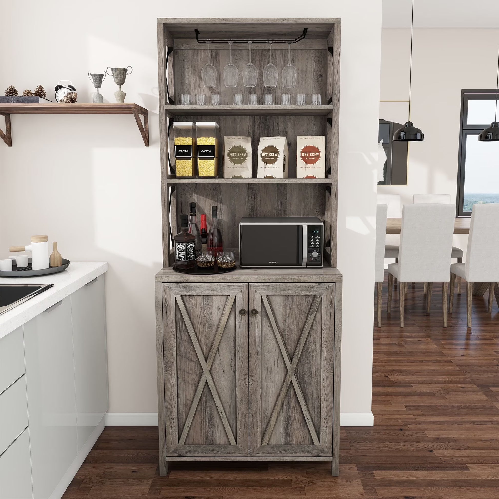 DEXTRUS 67" Tall Kitchen Pantry Cabinet with Glass Hanging Rack, Liquor Storage, Home Wine Bar, Gray