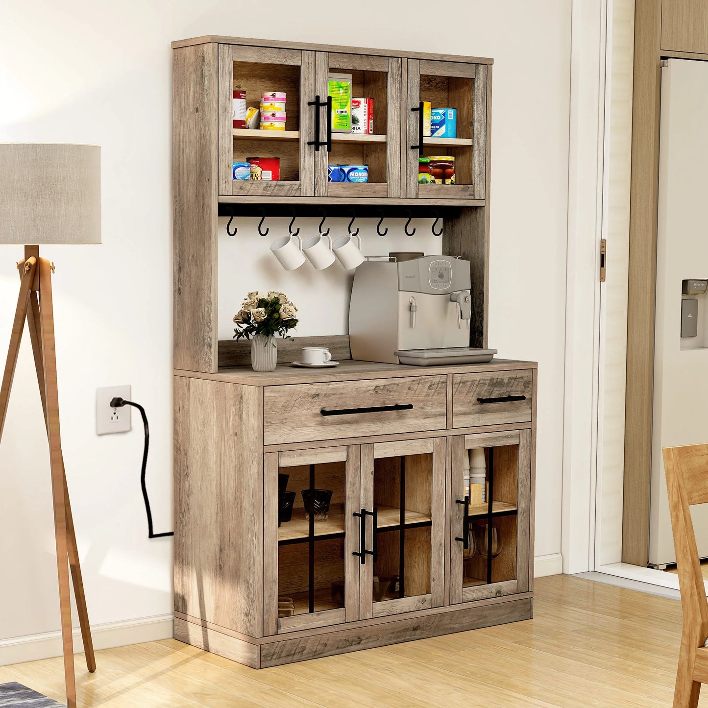 Dextrus 71" Tall Kitchen Pantry Storage Cabinet with Power Outlet, Freestanding Cupboard Storage Buffet Hutch with Microwave Stand, Storage Pantry with Drawers & Glass Doors, Brown