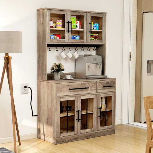 Dextrus 71" Tall Kitchen Pantry Storage Cabinet with Power Outlet, Freestanding Cupboard Storage Buffet Hutch with Microwave Stand, Storage Pantry with Drawers & Glass Doors, Brown