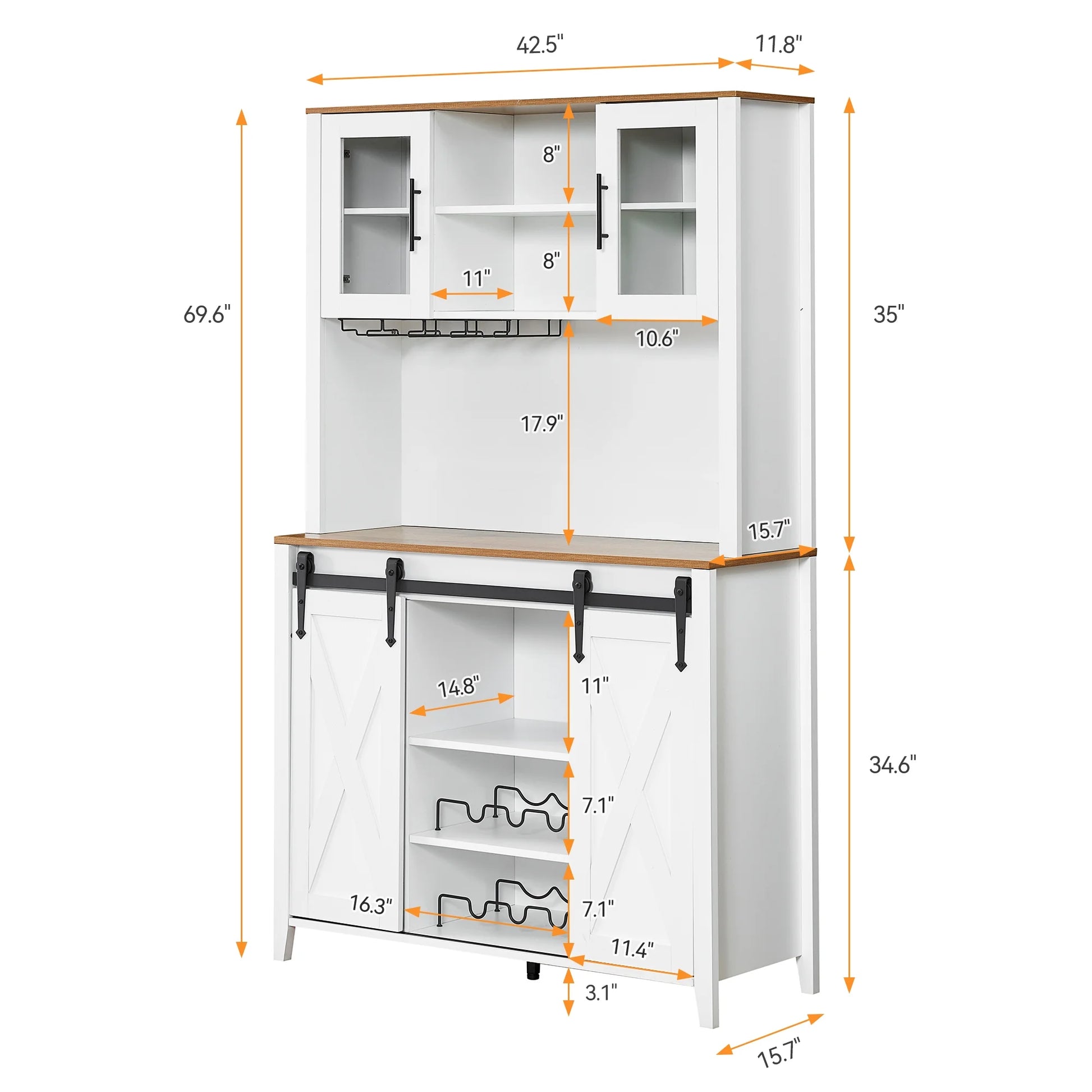 Farmhouse Bar Cabinet with Storage, Kitchen Buffet Cabinet with Sliding Barn Door and 3 Drawers, Coffee Bar with Wine and Glass Rack for Kitchen, Dining Room, White