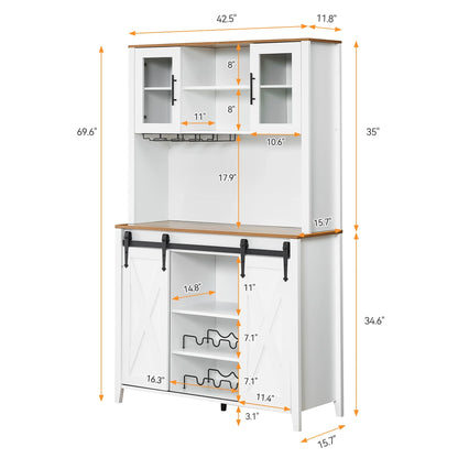 Farmhouse Bar Cabinet with Storage, Kitchen Buffet Cabinet with Sliding Barn Door and 3 Drawers, Coffee Bar with Wine and Glass Rack for Kitchen, Dining Room, White