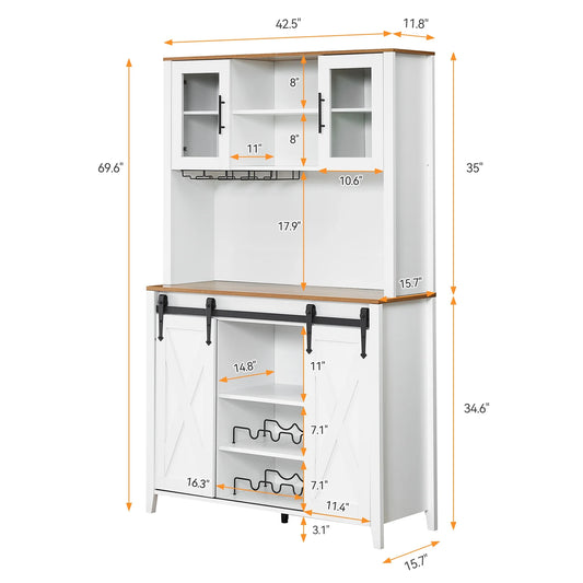 Farmhouse Bar Cabinet with Storage, Kitchen Buffet Cabinet with Sliding Barn Door and 3 Drawers, Coffee Bar with Wine and Glass Rack for Kitchen, Dining Room, White