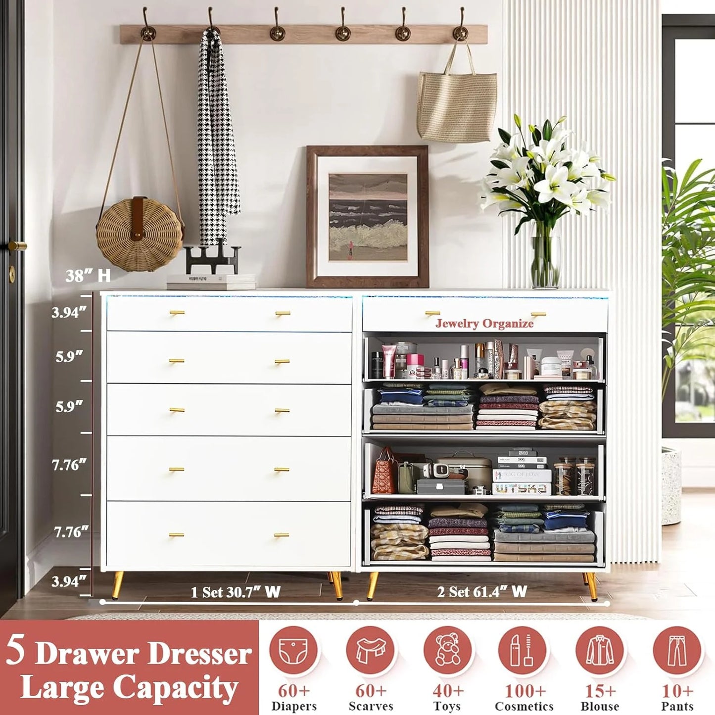 JanflyHome Drawer Dresser with LED Lights, Glass Top, Dresser with 5 Drawers Modern Storage Cabinet for Adult