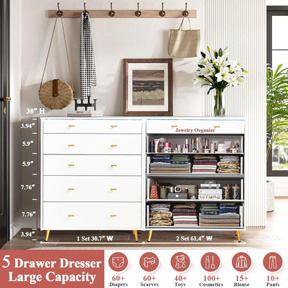 JanflyHome Drawer Dresser with LED Lights, Glass Top, Dresser with 5 Drawers Modern Storage Cabinet for Adult