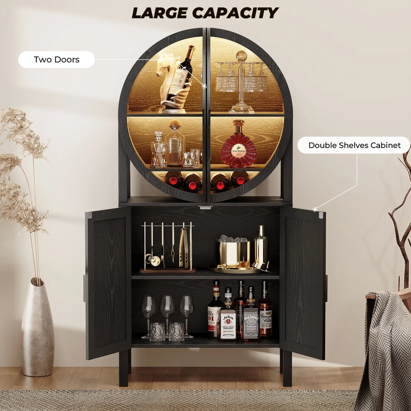 BROTTAR 65" Tall Rounded Wine Bar Cabinet with LED Lights, Storage Cabinet with Glass Doors & Shelves, Modern Liquor Coffee Bar Cabinet with Human Body Sensor for Kitchen, Living Room, Black