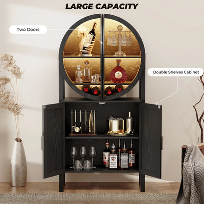 BROTTAR 65" Tall Rounded Wine Bar Cabinet with LED Lights, Storage Cabinet with Glass Doors & Shelves, Modern Liquor Coffee Bar Cabinet with Human Body Sensor for Kitchen, Living Room, Black