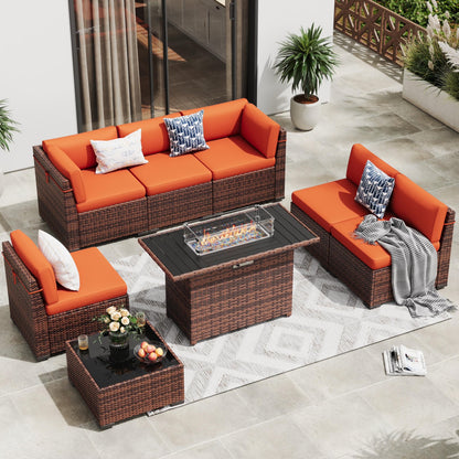 MRUAKA 8 Pieces Patio Furniture Set with Fire Pit Table, Outdoor Furniture Sectional Rattan Sofa with Slanted Back, Patio Couch with Glass Coffee Table for Backyard Garden (Dark Grey)