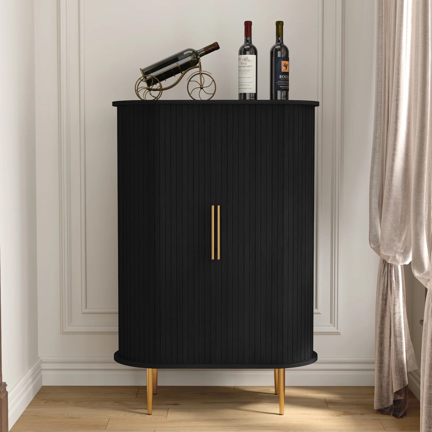 HLR Coffee Bar Cabinet with Tambour Door: Wine Rack, Glass Holder, & Storage Buffet for Home & Living Room Brown