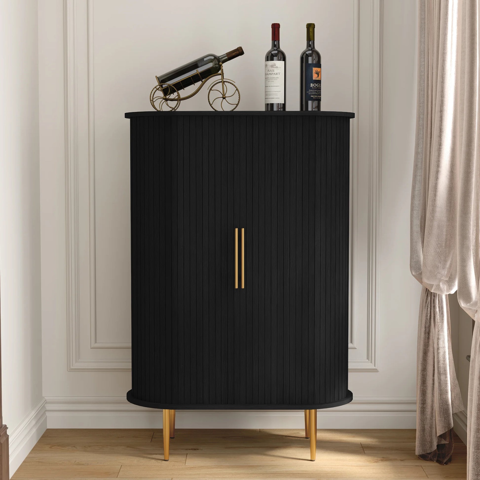 HLR Coffee Bar Cabinet with Tambour Door: Wine Rack, Glass Holder, & Storage Buffet for Home & Living Room Brown