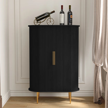 HLR Coffee Bar Cabinet with Tambour Door: Wine Rack, Glass Holder, & Storage Buffet for Home & Living Room Brown