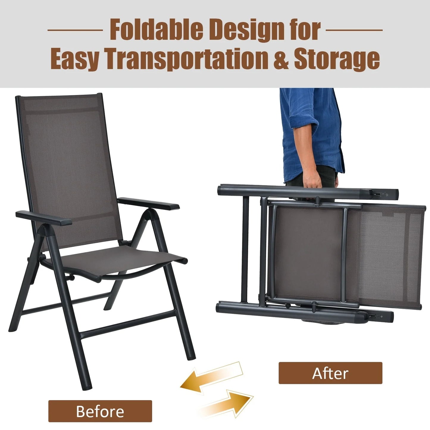 Costway 3PCS Bistro Set Folding Adjustable Chairs Square Glass Table Garden