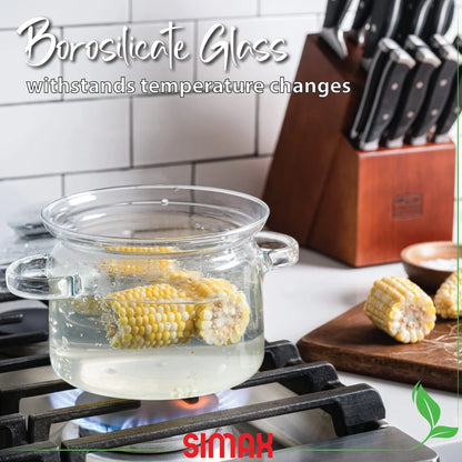 Simax Glassware 1.5 Quart Glass Pot With Lid | Heat Resistant Handles – Doubles as Serving Dish - Made from Oven, Microwave, Stove and Dishwasher Safe Borosilicate Glass – Small Glass Pot