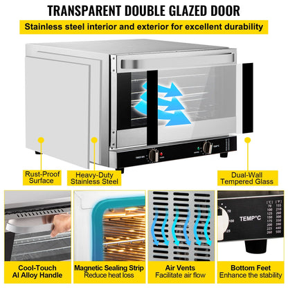 KFFKFF Commercial Convection Oven, 66L/60Qt, Half-Size Conventional Oven Countertop, 1800W 4-Tier Toaster with Front Glass Door, Electric Baking Oven with Trays Wire Racks Clip Gloves, 120V