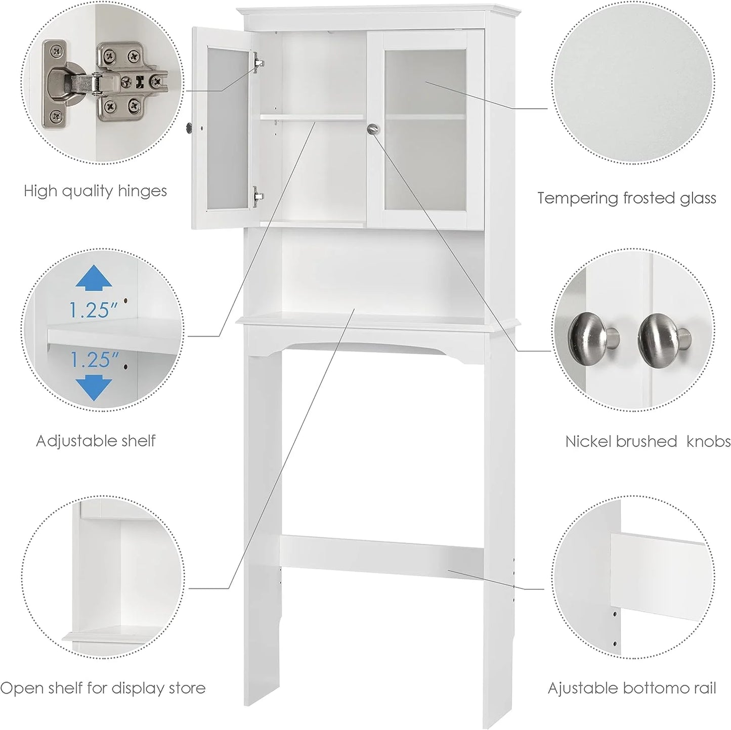 Spirich Over The Toilet Cabinet for Bathroom Storage, Above Toilet Storage Cabinet with Glass Doors, Over Toilet Storage Shelf Organizer, White