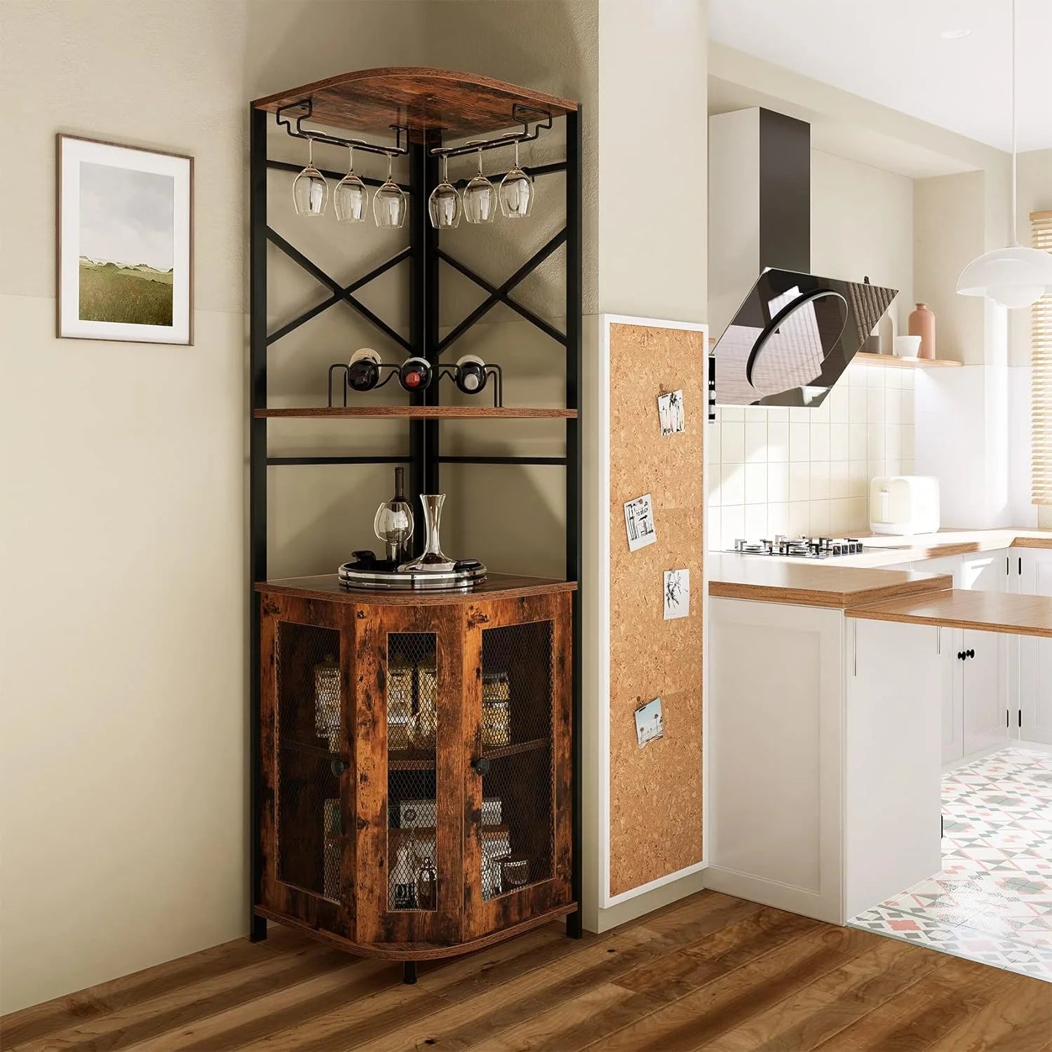 Frmobepts 6 Tier Corner Bar Cabinet with Glass Holder, Storage Cabinet with Door and Shelves , Corner Shelf with Wine Rack Display Shelves,Grey