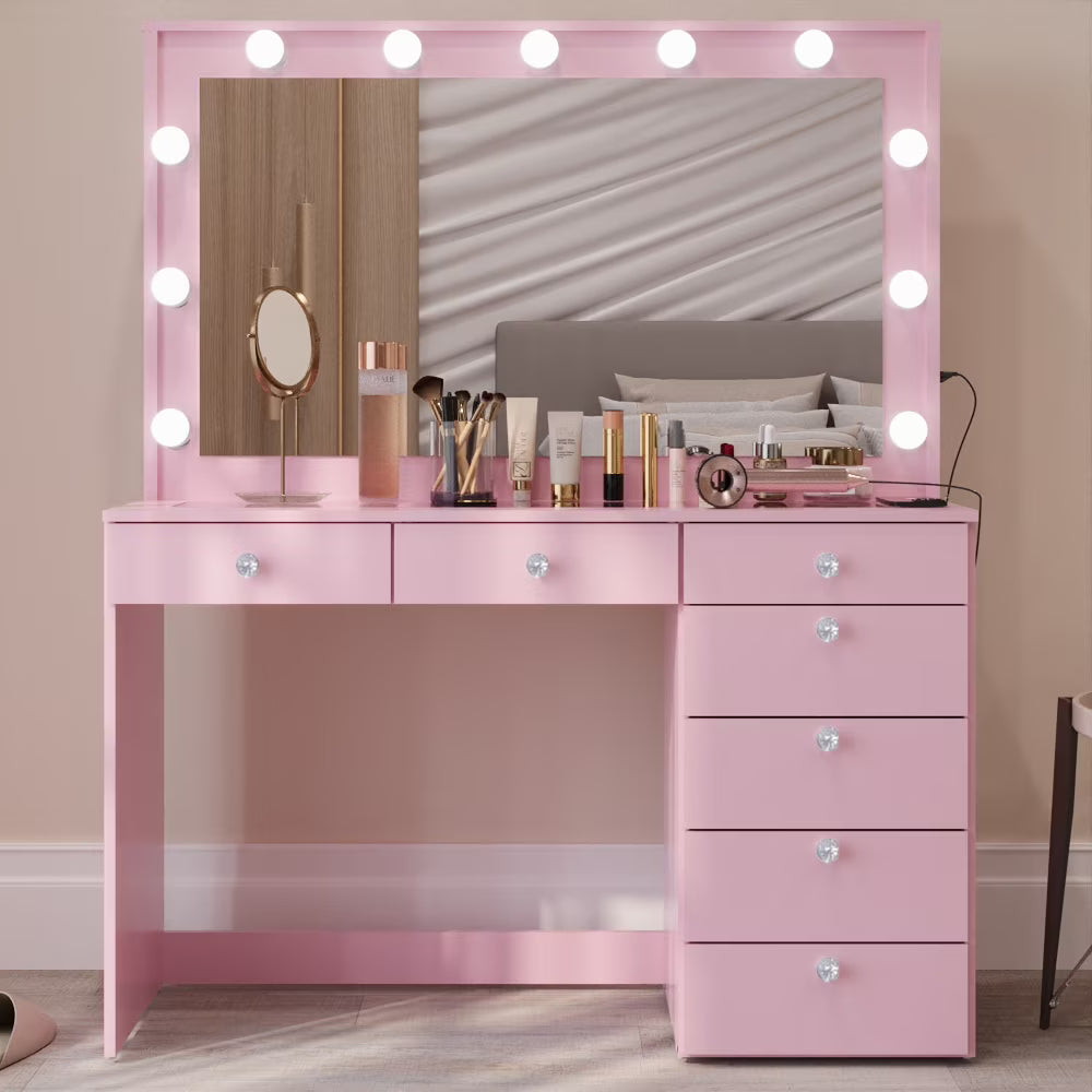 Ember Interiors Modern Large Greige Makeup Vanity Desk with Built-in Lights, Power Outlet with USB Type-C, Glass Top, 7 Drawers and Crystal Knobs