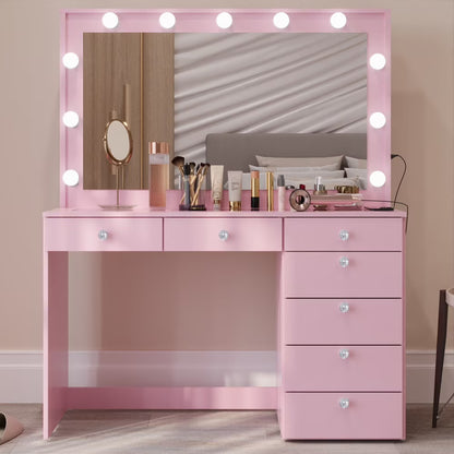Ember Interiors Modern Large Greige Makeup Vanity Desk with Built-in Lights, Power Outlet with USB Type-C, Glass Top, 7 Drawers and Crystal Knobs