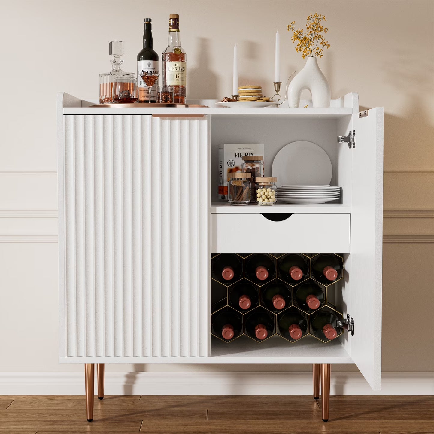 ERYTLLY Coffee Bar Cabinet with Wine Rack & Glass Holder, Kitchen Sideboard Buffet Cabinet with Storage,Wine Bar Cabinet with Fluted Doors for Living Room Dining, White