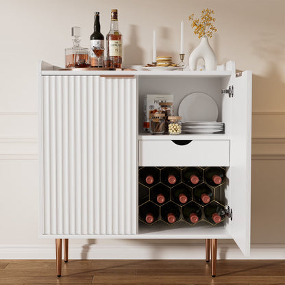 ERYTLLY Coffee Bar Cabinet with Wine Rack & Glass Holder, Kitchen Sideboard Buffet Cabinet with Storage,Wine Bar Cabinet with Fluted Doors for Living Room Dining, White