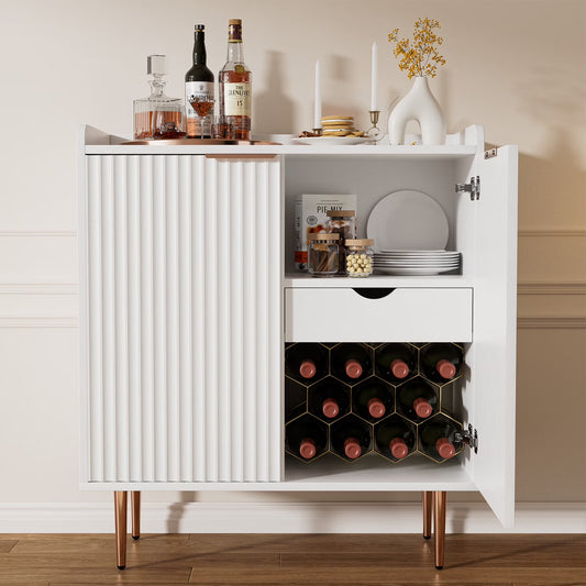 ERYTLLY Coffee Bar Cabinet with Wine Rack & Glass Holder, Kitchen Sideboard Buffet Cabinet with Storage,Wine Bar Cabinet with Fluted Doors for Living Room Dining, White