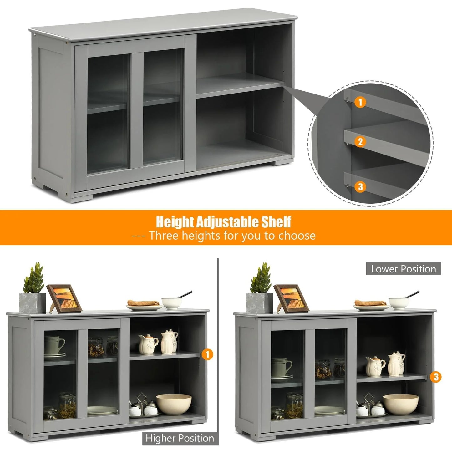 Giantex Stackable Buffet Cabinet, Kitchen Storage Cabinet with Sliding Tempered Glass Doors, Small Sideboard for Kitchen, Dining Room or Living Room, Grey