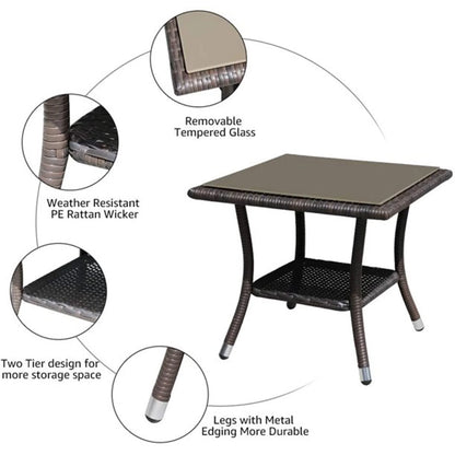 Outdoor End Table Rattan Square Glass Top, Aluminum Frame, Espresso Brown