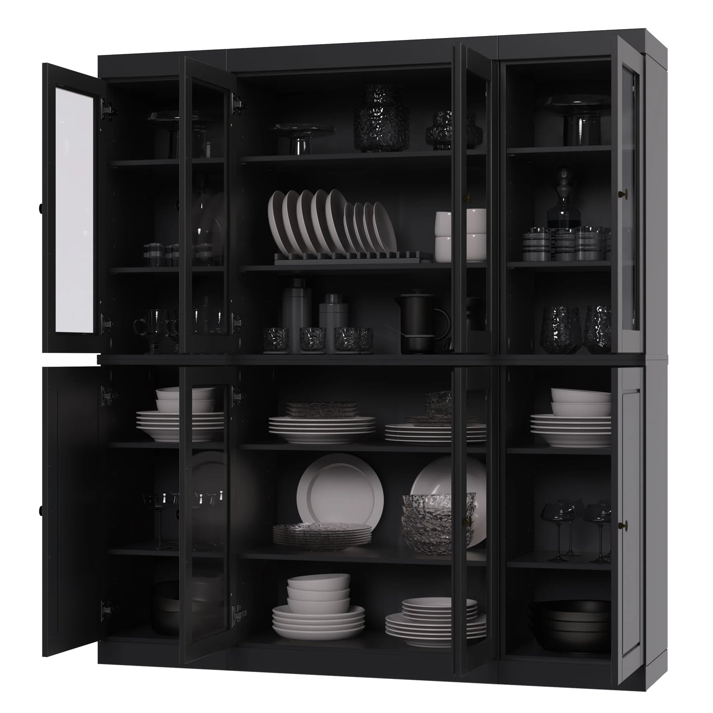 Palace Imports 100% Solid Wood Kitchen Pantry Storage Cabinet with Glass Doors and Adjustable Shelves, Black