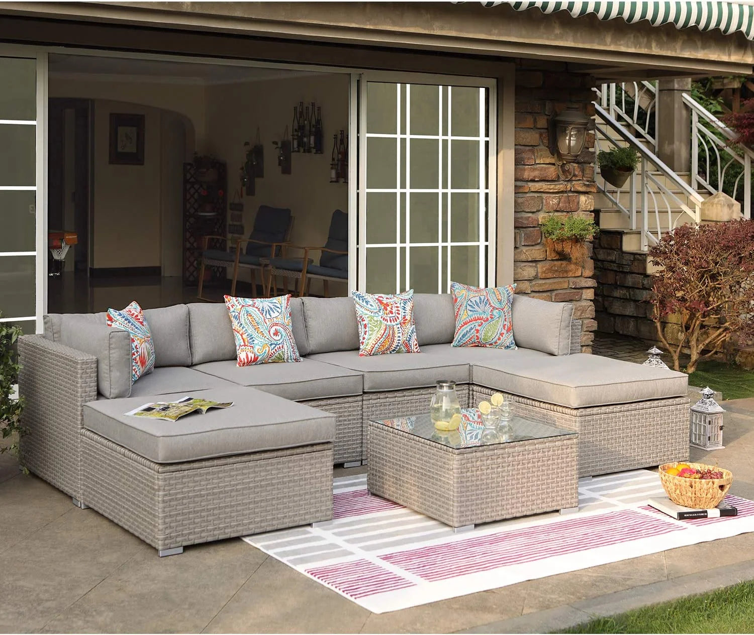 COSIEST 7-Piece Outdoor Patio Furniture Grey Wicker Sectional Sofa Set with Tempered Glass Coffee Table
