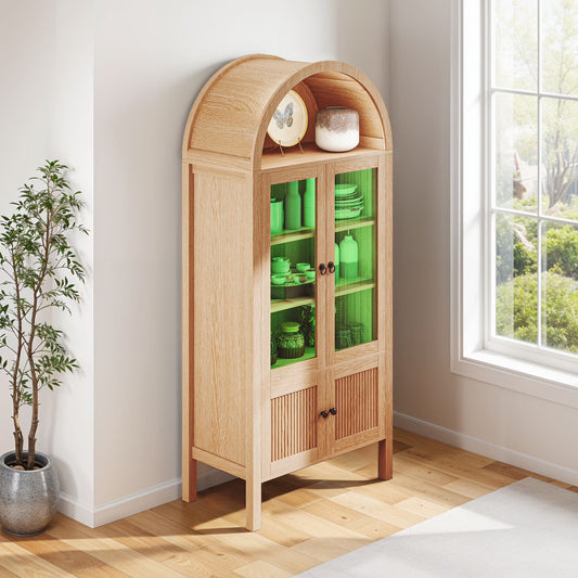 Craftian Arched Kitchen Pantry Storage Cabinet with LED Lights & Glass Doors, Display Cabinet, Natural