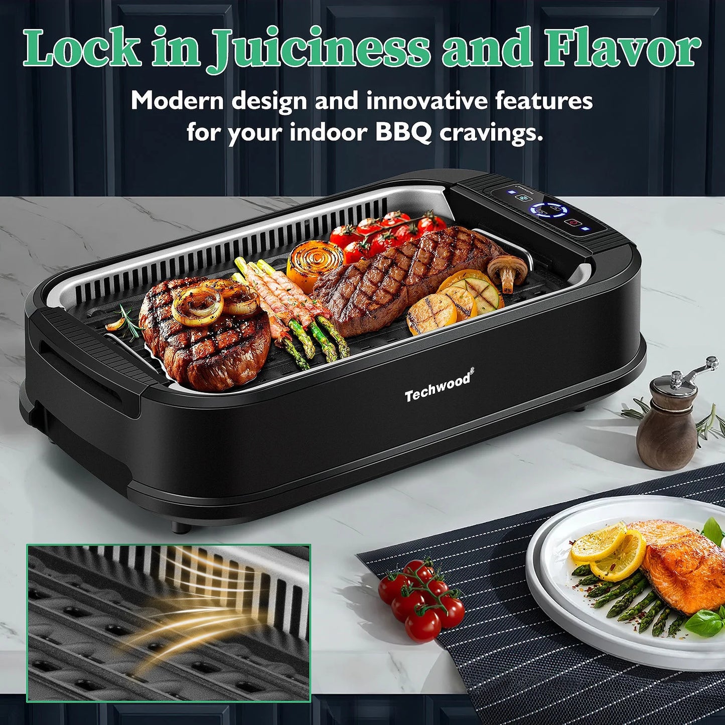 Techwood Indoor Smokeless Grill, 1500W, Black, Electric Portable Korean BBQ Grill with Tempered Glass Lid