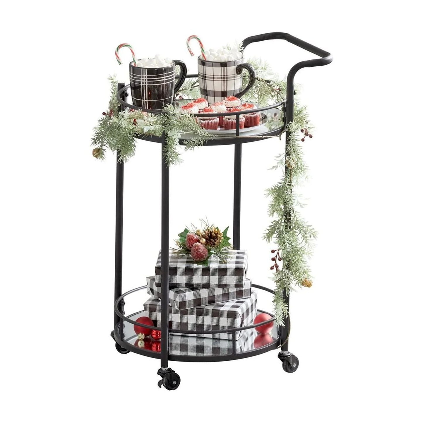 mDesign Metal Vintage Round Beverage Rolling Cart for Home - 2-Tier Serving Bar Trolley with Easy-Glide, Rotating Wheels, Built-in Handle, and Glass Shelves for Wine and Craft Beer - Black Round