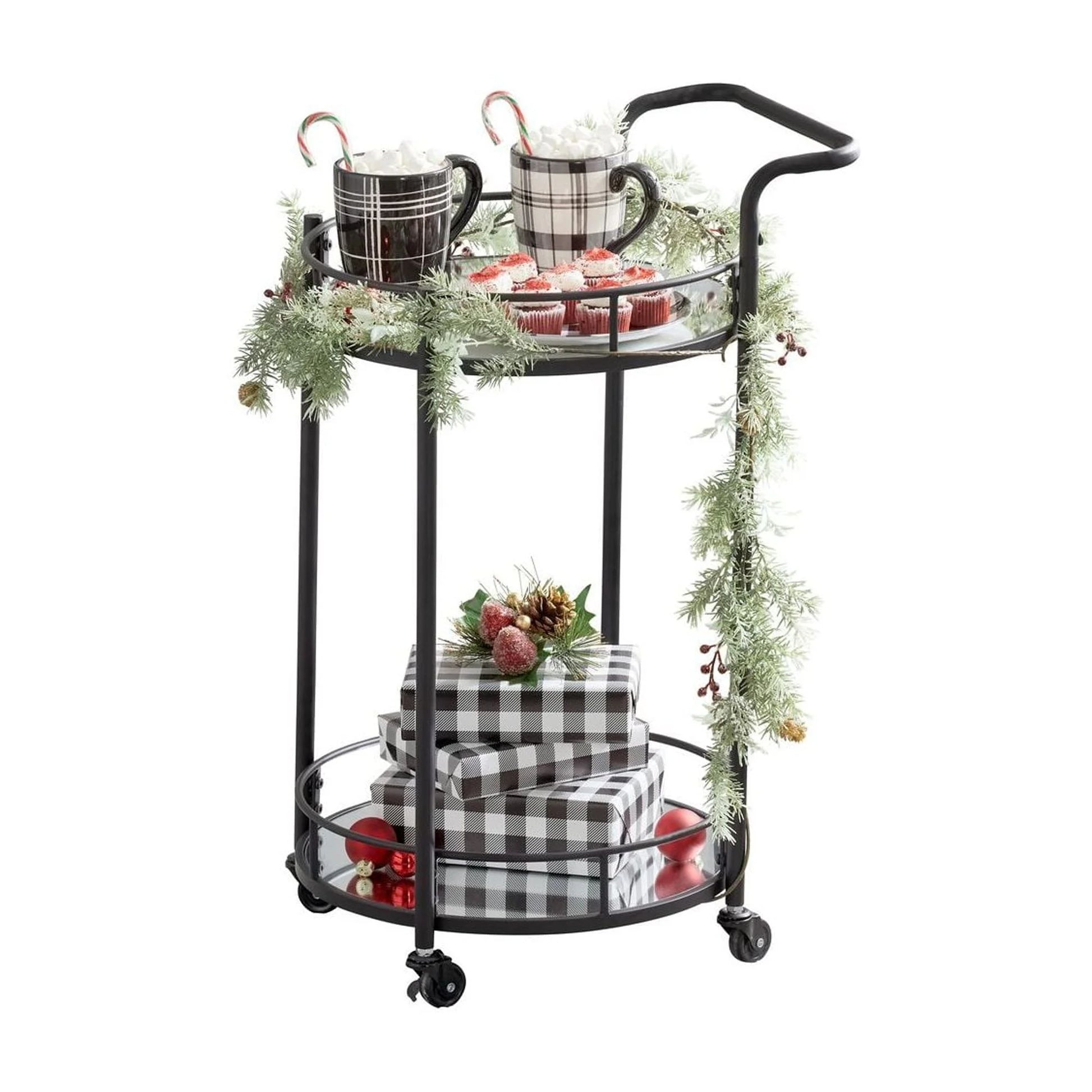 mDesign Metal Vintage Round Beverage Rolling Cart for Home - 2-Tier Serving Bar Trolley with Easy-Glide, Rotating Wheels, Built-in Handle, and Glass Shelves for Wine and Craft Beer - Black Round